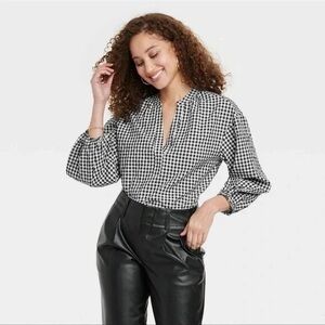 A New Day Women's Long Sleeve Gingham Popover Top Black/White Size XS